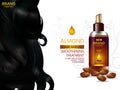 Advertisement promotion banner for almond oil hair serum for smoothening and strong hair Royalty Free Stock Photo