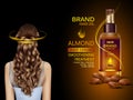 Advertisement promotion banner for almond oil hair serum for smoothening and strong hair Royalty Free Stock Photo