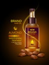 Advertisement promotion banner for almond oil hair serum for smoothening and strong hair Royalty Free Stock Photo