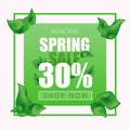 Advertisement - spring sale on background with leaves. Vector - green