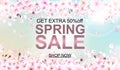 Advertisement about the spring sale on defocused background with beautiful cherry blossom. Vector illustration.