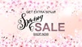 Advertisement about the spring sale on defocused background with beautiful cherry blossom. Vector illustration. Royalty Free Stock Photo