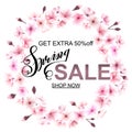 Advertisement about the spring sale on defocused background with beautiful cherry blossom. Vector illustration. Royalty Free Stock Photo