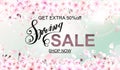 Advertisement about the spring sale on defocused background with beautiful cherry blossom. Vector illustration. Royalty Free Stock Photo