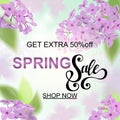 Advertisement about the spring sale on defocused background with beautiful cherry blossom. Vector illustration. Royalty Free Stock Photo