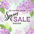 Advertisement about the spring sale on defocused background with beautiful cherry blossom. Vector illustration. Royalty Free Stock Photo