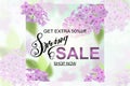 Advertisement about the spring sale on defocused background with beautiful cherry blossom. Vector illustration. Royalty Free Stock Photo