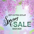 Advertisement about the spring sale on defocused background with beautiful cherry blossom. Vector illustration. Royalty Free Stock Photo