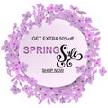 Advertisement about the spring sale on defocused background with beautiful cherry blossom. Vector illustration. Royalty Free Stock Photo