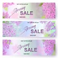 Advertisement about the spring sale on defocused background with beautiful cherry blossom. Vector illustration. Royalty Free Stock Photo