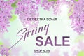 Advertisement about the spring sale on defocused background with beautiful lilac blossom. Vector illustration. Royalty Free Stock Photo