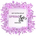 Advertisement about the spring sale on defocused background with beautiful lilac flowers. Vector illustration. Royalty Free Stock Photo