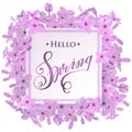 Advertisement about the spring sale on defocused background with beautiful lilac flowers. Vector illustration. Royalty Free Stock Photo