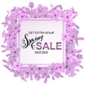 Advertisement about the spring sale on defocused background with beautiful lilac flowers. Vector illustration. Royalty Free Stock Photo