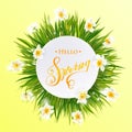 Advertisement about the spring sale on defocused background with beautiful white flowers. Vector illustration. Royalty Free Stock Photo