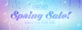 Advertisement about the spring sale on defocused background with water drops