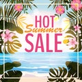 Advertisement about the summer sale on background with beautiful tropical sea beach view, flowers, leaves. Vector Royalty Free Stock Photo