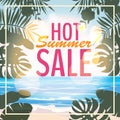 Advertisement about the summer sale on background with beautiful tropical sea beach view, flowers, leaves. Vector Royalty Free Stock Photo