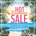 Advertisement about the summer sale on background with beautiful tropical sea beach view, flowers, leaves. Vector Royalty Free Stock Photo