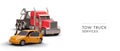 Advertisement of tow truck services on white background. Large realistic tow truck, car Royalty Free Stock Photo
