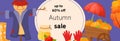 Advertising banner autumn discounts with elements collection harvest, vegetables, fruit, rubber boots, scarecrow, jar of honey, Royalty Free Stock Photo