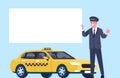 Advertising banner for cab service. Driver showing blank placard. Taxi automobile. Chauffeur in uniform. Advertisement