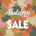 Advertising banner with the concept of autumn sale, against the background of leaves of a tree of different colors