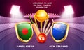 Advertising banner design with cricket tournament participant country Bangladesh vs New Zealand.