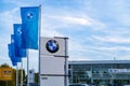 Advertising banners, flags of German concern BMW Group, Sales Office, concept Advertising and Marketing in Automotive Industry,