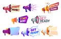 Advertising banners with megaphone. Get ready badge speaker, attention please and start now banner vector set