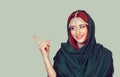 Advertising. Beautiful happy girl woman showing look here index finger gesture with hand. Positive face expression emotion, body Royalty Free Stock Photo