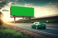 Advertising billboard green screen beside the expressway with car motion blur. Generative AI Royalty Free Stock Photo
