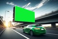 Advertising billboard green screen beside the expressway with car motion blur. Generative AI Royalty Free Stock Photo