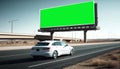 Advertising billboard green screen beside the expressway with car motion blur. Generative AI Royalty Free Stock Photo