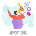 Advertising business concept. Man with megaphone in human head.