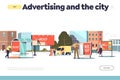 Advertising in city concept of landing page with process of outdoor advertisement installation