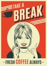 Advertising coffee retro poster with pop art woman Royalty Free Stock Photo
