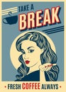 Advertising coffee retro poster with pop art woman Royalty Free Stock Photo