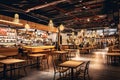 Advertising the concept of a food hall, interior in dark colors in a modern style, trendy atmosphere, space and