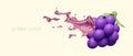 Advertising concept of grape juice. 3D bunch of violet berries, splashes of colored liquid