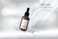 Advertising of essence for skin in a spray of milk. Cosmetic bottle mockup in realistic scenery for product demonstration