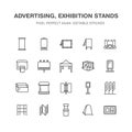 Advertising exhibition banner stands, display line icons. Brochure holders, pop up boards, bow flag, billboard folding