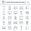 Advertising exhibition banner stands, display line icons. Brochure holders, pop up boards, bow flag, billboard folding