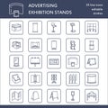 Advertising exhibition banner stands, display line icons. Brochure holders, pop up boards, bow flag, billboard folding Royalty Free Stock Photo