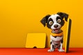 Advertising guide. Mascot pointer, blank stand against vibrant yellow backdrop