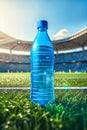 Advertising image of a blue energy drink bottle. Olympic stadium panorama. Customizable bottle and space for copy