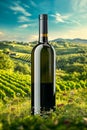 Advertising image of a red wine bottle. Vineyard hill panorama. Customizable bottle and space for copy Royalty Free Stock Photo