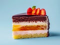 Advertising image of a slice of multilayer cake, chocolate, cream, jelly and sponge cake. Isolated on light blue background