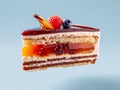 Advertising image of a slice of multilayer cake, chocolate, cream, jelly and sponge cake. Isolated on light blue background