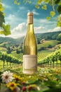 Advertising image of a white wine bottle. Vineyard hill panorama. Customizable bottle and space for copy Royalty Free Stock Photo